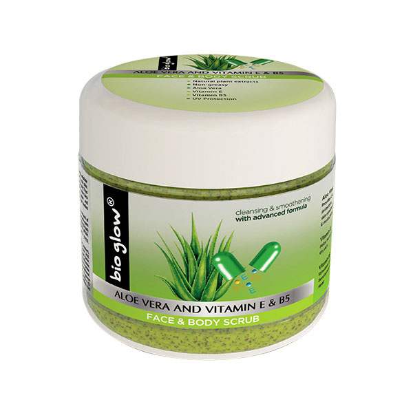 Scrub Bio Glow pentru ten si corp cu Aloe Vera Vitamina E B5 300 ml